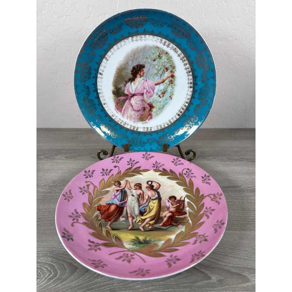 Victoria Austria Porcelain Cabinet Plates Teal Pink Gold Gilt Zatzka Set of 2